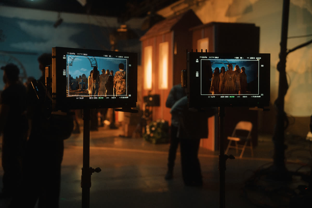 Director's monitors on the 48 Hills film set